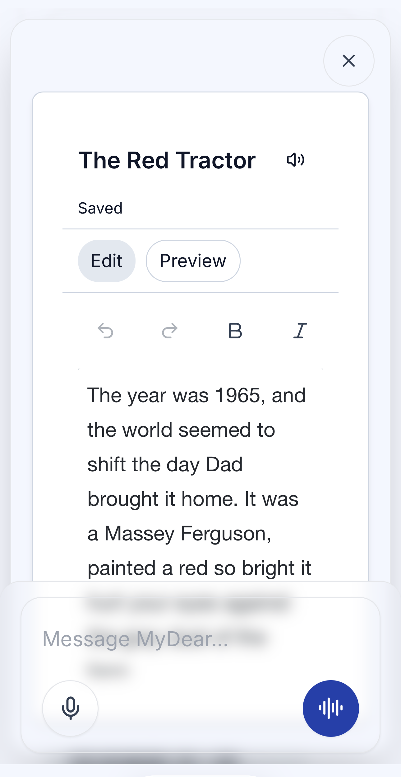 App screen showing an instant written story